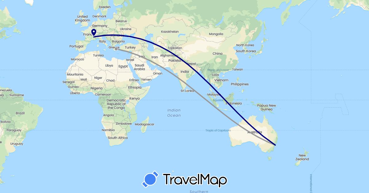 TravelMap itinerary: driving, plane in Australia, France, Greece (Europe, Oceania)